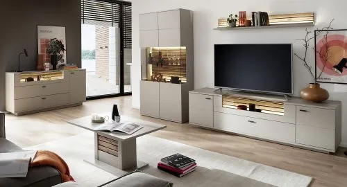 Wohnkombination Lüttich 3 | Basalt / Wotan Eiche | 3-teilig | optional LED Beleuchtung