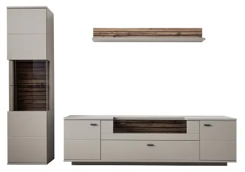 Wohnkombination Lüttich | Basalt / Wotan Eiche | 3-teilig | Vitrine & TV-Board mit Bandbeleuchtung