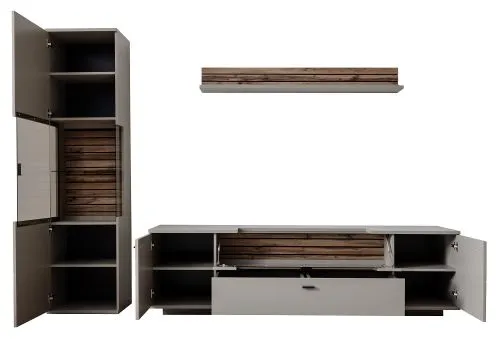 Wohnkombination Lüttich | Basalt / Wotan Eiche | 3-teilig | Vitrine & TV-Board mit Bandbeleuchtung