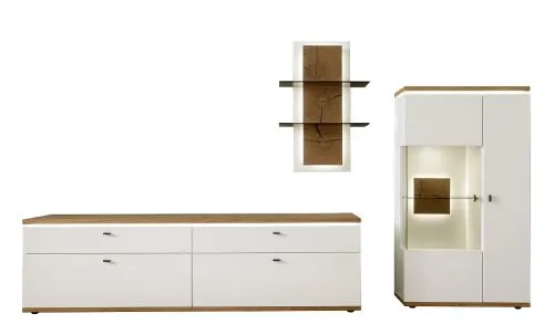 Wohnkombination Matadi 2 | Soft white / Ast-Balkeneiche | 3-teilig | Beleuchtung Komplettset