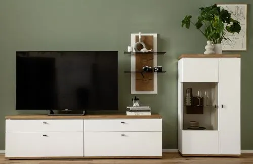 Wohnkombination Matadi 2 | Soft white / Ast-Balkeneiche | 3-teilig | Highboard mit Unterbauspot