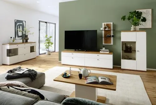 Wohnkombination Matadi 2 | Soft white / Ast-Balkeneiche | 3-teilig | Highboard mit Unterbauspot