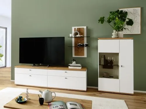 Wohnkombination Matadi 2 | Soft white / Ast-Balkeneiche | 3-teilig | Wandregal & Highboard mit Bandbeleuchtung