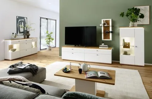 Wohnkombination Matadi 2 | Soft white / Ast-Balkeneiche | 3-teilig | Wandregal mit Bandbeleuchtung | Highboard mit Unterbauspot