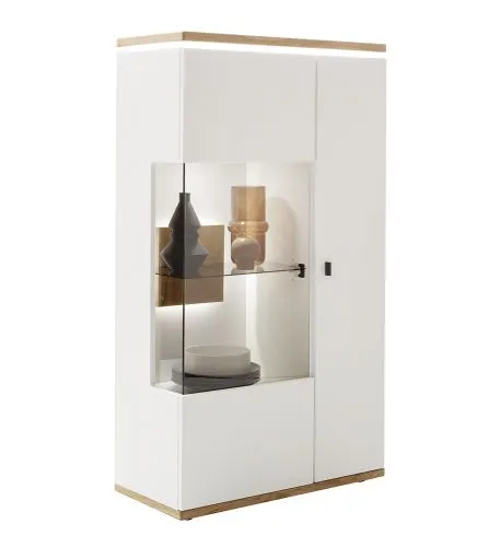 Wohnkombination Matadi 2 | Soft white / Ast-Balkeneiche | 3-teilig | Wandregal mit Bandbeleuchtung | Highboard mit Unterbauspot