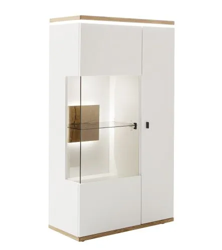 Wohnkombination Matadi 2 | Soft white / Ast-Balkeneiche | 3-teilig | Wandregal mit Bandbeleuchtung | Highboard mit Unterbauspot