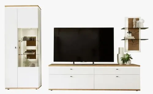 Wohnkombination Matadi 3 | Soft white / Ast-Balkeneiche | 3-teilig | Beleuchtung Komplettset