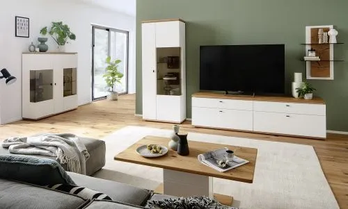 Wohnkombination Matadi 3 | Soft white / Ast-Balkeneiche | 3-teilig | Kombi-Vitrine mit Bandbeleuchtung