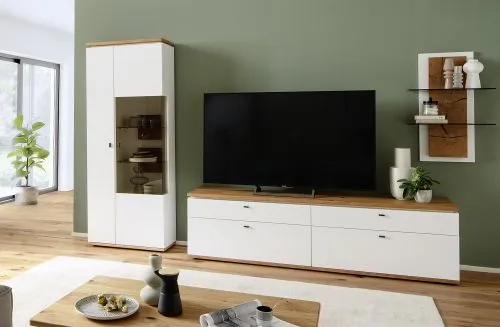 Wohnkombination Matadi 3 | Soft white / Ast-Balkeneiche | 3-teilig | Kombi-Vitrine mit LED Unterbauspot