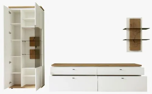 Wohnkombination Matadi 3 | Soft white / Ast-Balkeneiche | 3-teilig | Wandregal mit Bandbeleuchtung