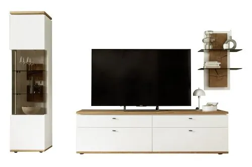 Wohnkombination Matadi | Soft white / Ast-Balkeneiche | 3-teilig | Vitrine mit LED Unterbauspot