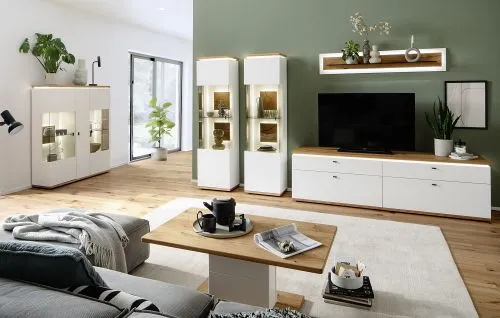 Wohnkombination Matadi | Soft white / Ast-Balkeneiche | 4-teilig | Beleuchtung Komplettset