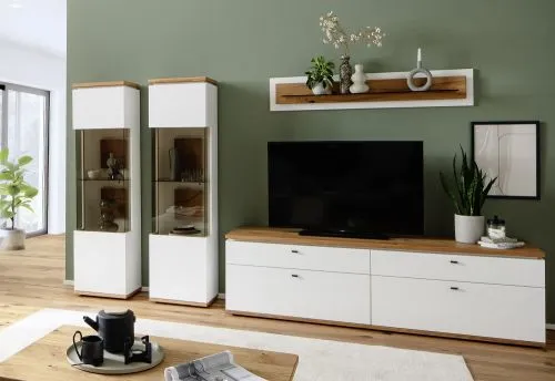 Wohnkombination Matadi | Soft white / Ast-Balkeneiche | 4-teilig | Vitrinen mit LED Unterbaspot