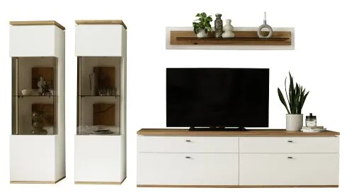 Wohnkombination Matadi | Soft white / Ast-Balkeneiche | 4-teilig | Wandboard mit Bandbeleuchtung | Vitrinen mit LED Unterbaspot