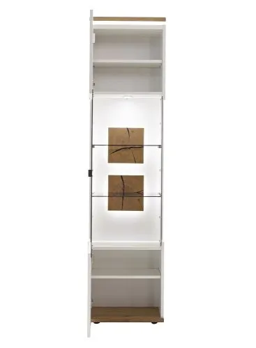 Wohnkombination Matadi | Soft white / Ast-Balkeneiche | 4-teilig | Wandboard & Vitrinen mit Bandbeleuchtung