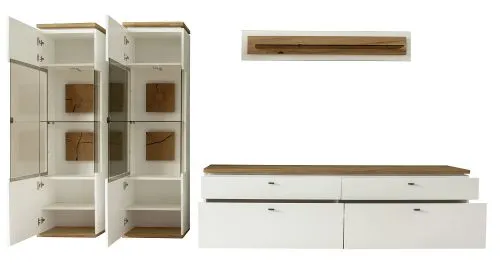 Wohnkombination Matadi | Soft white / Ast-Balkeneiche | 4-teilig | Wandboard & Vitrinen mit Bandbeleuchtung