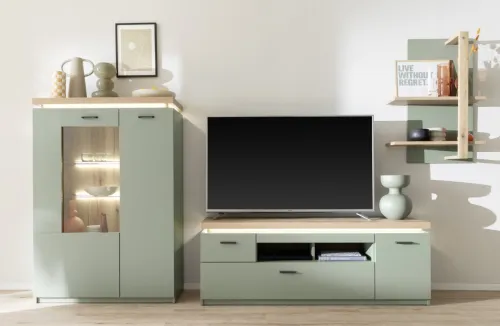 Wohnkombination Moniz 1 | Salbei grün / Eiche Evoke | 3-teilig | mit LED Beleuchtung