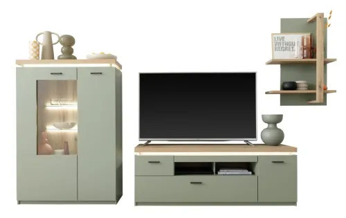 Wohnkombination Moniz 1 | Salbei grün / Eiche Evoke | 3-teilig | mit LED Beleuchtung