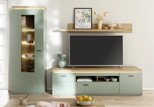 Wohnkombination Moniz | Salbei grün / Eiche Evoke | 3-teilig | LED Beleuchtung