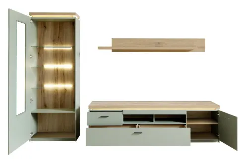 Wohnkombination Moniz | Salbei grün / Eiche Evoke | 3-teilig | LED Beleuchtung