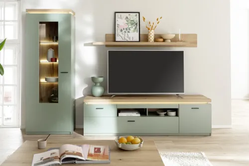 Wohnkombination Moniz | Salbei grün / Eiche Evoke | 3-teilig | mit LED Beleuchtung