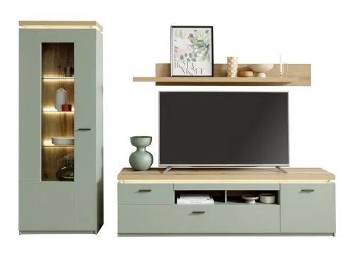 Wohnkombination Moniz | Salbei grün / Eiche Evoke | 3-teilig | ohne Beleuchtung