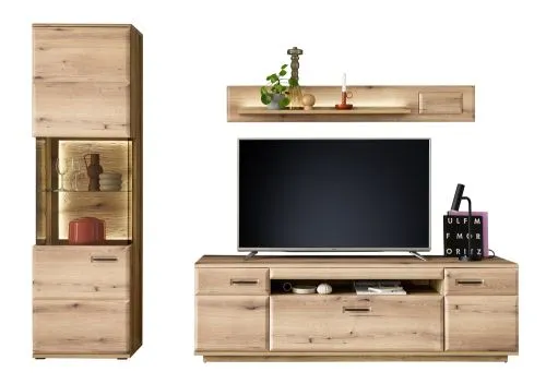 Wohnkombination Naxos, 3-teilig, im Wohnzimmer, mit Wandregal, TV-Lowboard und Vitrinenschrank mit Beleuchtung – Ansicht 3