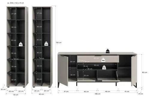 Wohnkombination Noida 1 | 3-teilig | Kaschmir / schwarz mit 2er Set LED Beleuchtung