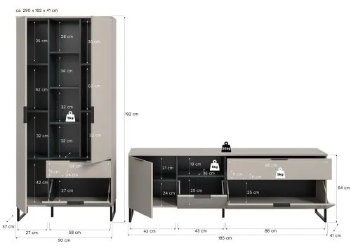 Wohnkombination Noida | 2-teilig | Kaschmir / schwarz mit 4er Set LED Beleuchtung