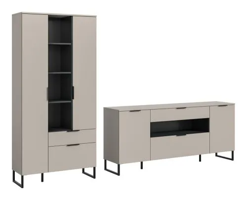 Wohnkombination Noida 3, 2-teilig, Kaschmir, schwarz, im Wohnzimmer, Lowboard mit offenen Fächern und Vitrine mit Glastür – Ansicht 2