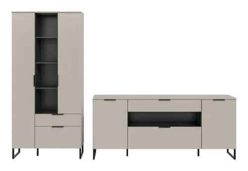 Wohnkombination Noida 3, 2-teilig, Kaschmir, schwarz, im Wohnzimmer, Lowboard mit offenen Fächern und Vitrine mit Glastür – Ansicht 3