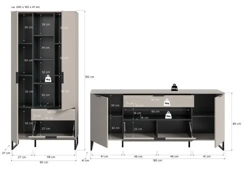 Wohnkombination Noida 3, 2-teilig, Kaschmir, schwarz, im Wohnzimmer, Lowboard mit offenen Fächern und Vitrine mit Glastür – Ansicht 4