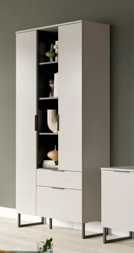 Wohnkombination Noida 3, 2-teilig, Kaschmir, schwarz, im Wohnzimmer, Lowboard mit offenen Fächern und Vitrine mit Glastür – Ansicht 6