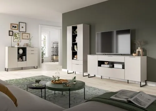 Wohnkombination Noida 3, 2-teilig, Kaschmir, schwarz, im Wohnzimmer, Lowboard mit offenen Fächern und Vitrine mit Glastür – Ansicht 7