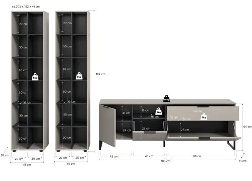Wohnkombination Noida | 3-teilig | Kaschmir / schwarz mit 2er Set LED Beleuchtung