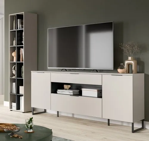 Wohnkombination Noida 4, 2-teilig, Regalwürfel mit 6 Fächern und TV-Lowboard mit offenen Fächern, Schubkästen, Metallfüße – Ansicht 2