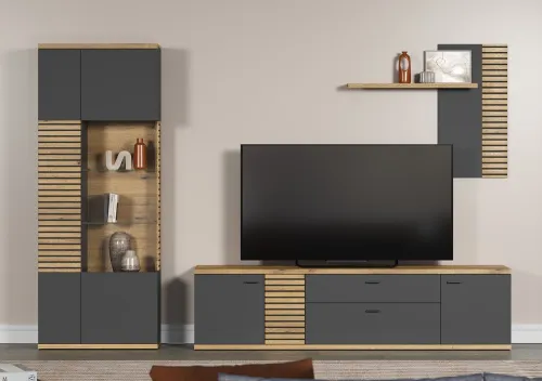 Wohnkombination Norris | grau / Coast Evoke Oak | 3-teilig | 2er Set LED Glasboden-Clips