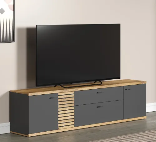 Wohnkombination Norris | grau / Coast Evoke Oak | 3-teilig | LED Beleuchtung