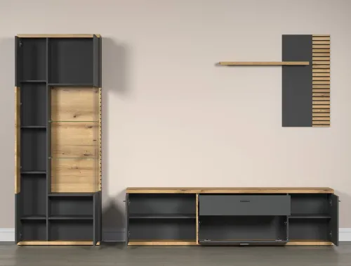 Wohnkombination Norris | grau / Coast Evoke Oak | 3-teilig | ohne Beleuchtung