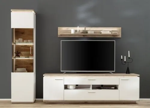 Wohnkombination Palermo 2 | Soft white / Viking Oak | 3-teilig | LED Beleuchtung