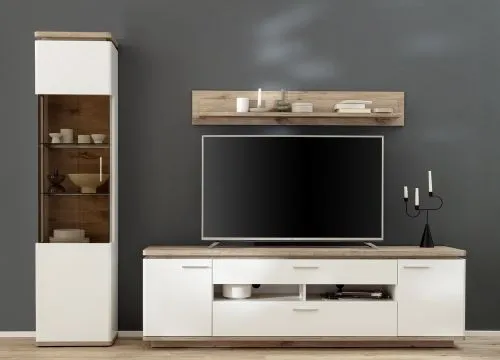 Wohnkombination Palermo 2 | Soft white / Viking Oak | 3-teilig | LED Beleuchtung