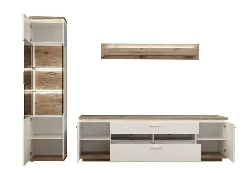 Wohnkombination Palermo 2 | Soft white / Viking Oak | 3-teilig | LED Beleuchtung