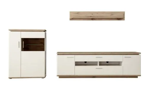 Wohnkombination Palermo 3 | Soft white / Viking Oak | 3-teilig | LED Beleuchtung