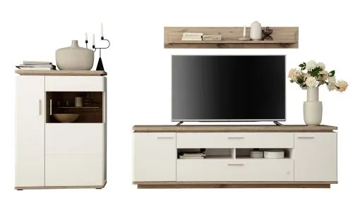 Wohnkombination Palermo 3 | Soft white / Viking Oak | 3-teilig | mit 135 cm Beleuchtung