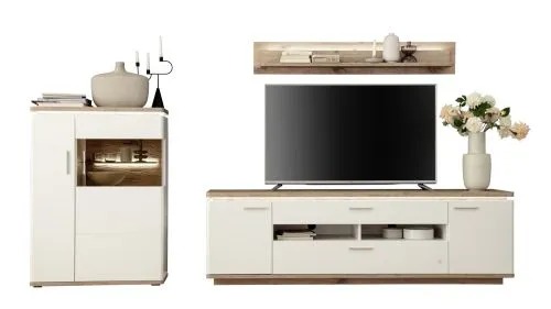 Wohnkombination Palermo 3 | Soft white / Viking Oak | 3-teilig | mit 135 cm Beleuchtung