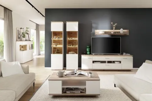 Wohnkombination Palermo 4 | Soft white / Viking Oak | 4-teilig | LED Beleuchtung