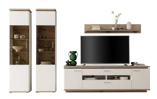 Wohnkombination Palermo 4 | Soft white / Viking Oak | 4-teilig | LED Beleuchtung