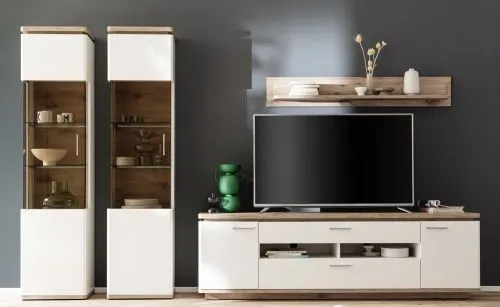 Wohnkombination Palermo 4 | Soft white / Viking Oak | 4-teilig | LED Beleuchtung