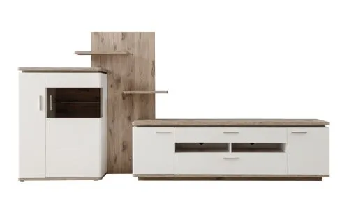 Wohnkombination Palermo | Soft white / Viking Oak | 3-teilig | LED Beleuchtung