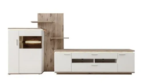 Wohnkombination Palermo | Soft white / Viking Oak | 3-teilig | mit Beleuchtung